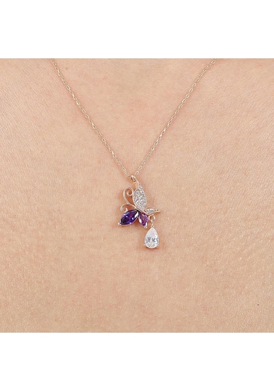 Mia vento Ametist Taşlı Kelebek Parıltısı Rose Renk Gümüş Kolye