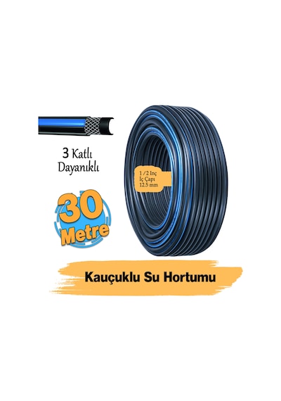 Termo Kauçuklu Bahçe Hortumu 30 Metre Dayanıklı 3 Katlı Sağlam Su Sulama Yıkama Hortum 12.5 Mm 1/2"