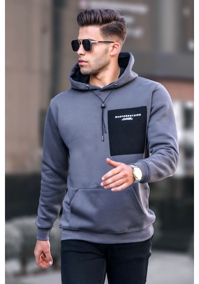Madmext Füme Baskılı Kapşonlu Sweatshirt 6004 Füme