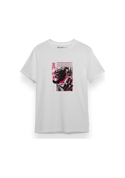 Demon Slayer Anime Nezuko Poster Beyaz Kısa Kol Erkek Tshirt 001