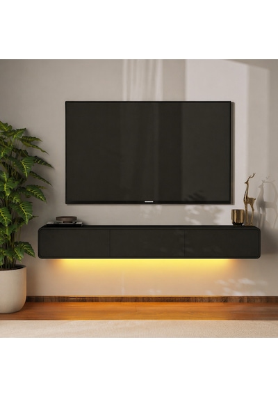 İnarch Dizayn Alba Led Işıklı Duvara Monte Tv Sehpası - 3 Kapaklı Tasarım Siyah