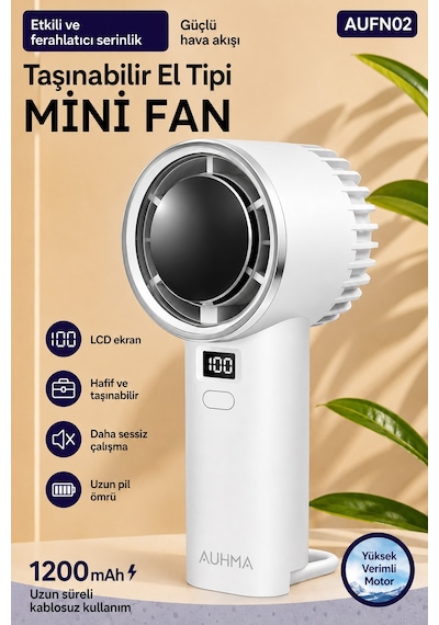 Exenar - Beyaz - Güçlü Portatif Mini El Fanı 1200 Mah Dijital Ekranlı Şarjlı Vantilatör 5 Kademeli Fan Beyaz
