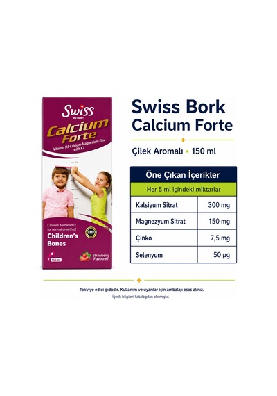 Swiss Bork Calcium Forte Çilek Aromalı Sıvı Takviye 150 Ml