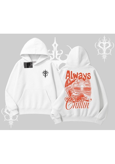 Always Chillin Kedi Arka Baskılı Kapşonlu Sweatshirt Beyaz