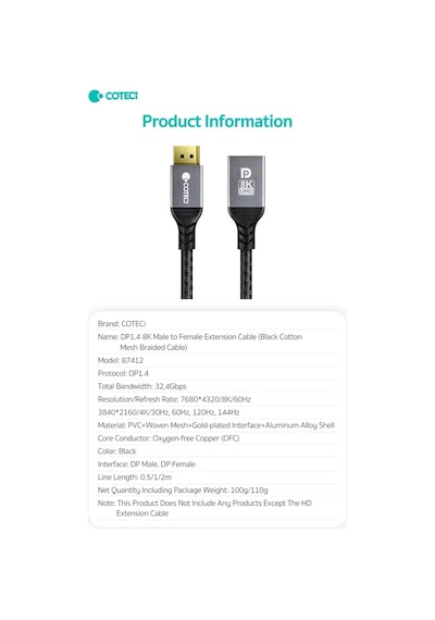 Erkek Displayport To Dişi Displayport Uzatma Kablosu 2 Metre - 8k 60hz / 4k 165hz Dp 1.4 Dönüştürücü