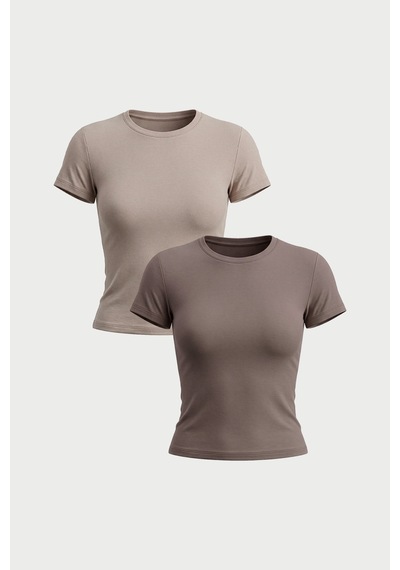 Auw Kadın Bisiklet Yaka Pamuklu Modal T-shirt 2'li - Softfit Taş - Vizon