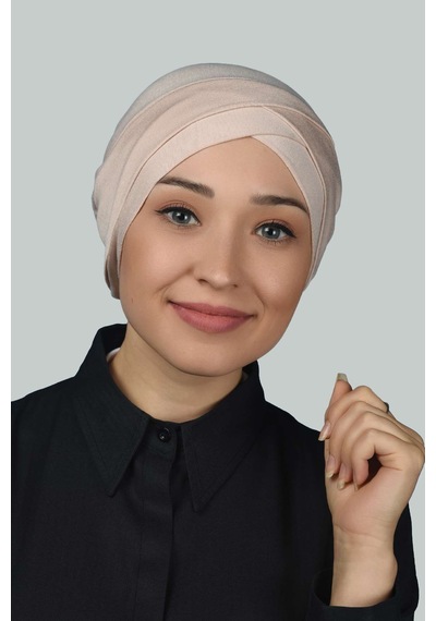 Altobeh Dört Bantlı Çapraz Dış Tesettür Bonesi Hazır Türban Penye - Bej