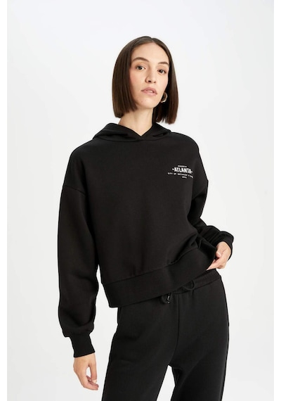 DeFacto Boxy Fit Kapüşonlu Baskılı Kalın Siyah Sweatshirt D6717AX24WNBK81 Siyah