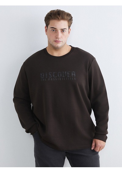 Lcwaıkıkı Classic Kahverengi Büyük Beden Bisiklet Yaka Baskılı Erkek Sweatshirt