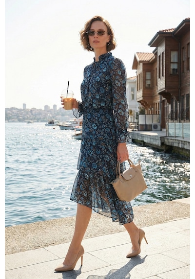 Lela Regular Fit Boyundan Bağlamalı Volanlı Şifon Midi Bayan Elbise 611El1450 Lacivert