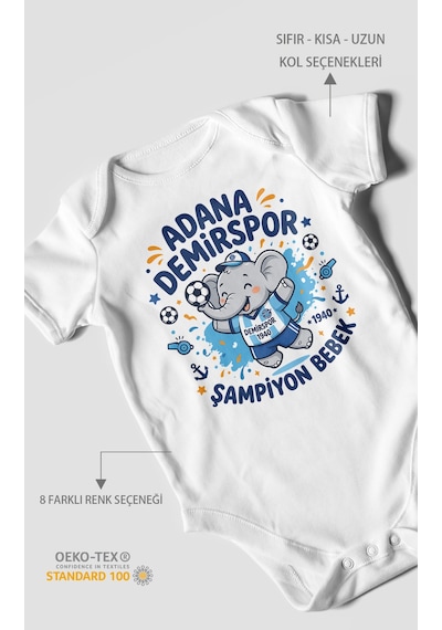 Morivokids Adana Demirspor Temalı Kısa Kollu Bebek Body %100 Pamuk Beyaz