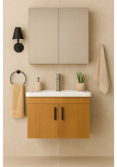 Luna 65 Cm Ahşap Camlı Üst Modül Ve Seramik Lavabolu, Mdf Banyo Dolabı Takımı Ahşap