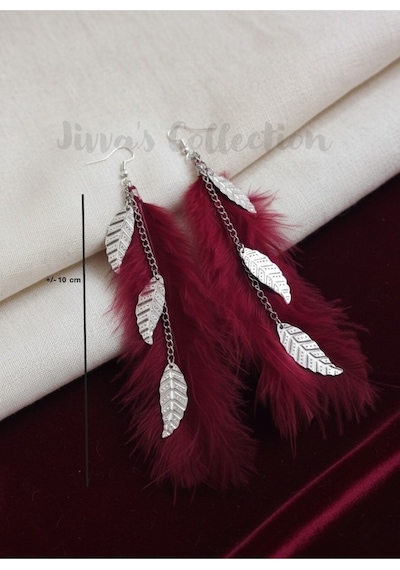 Bohem Bordo Tüy & Yaprak Figürlü Uzun Sallantılı Küpe. Modern Boho Vintage Stil
