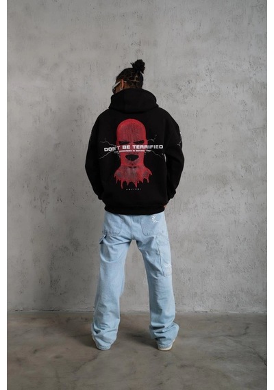 Barlashive Erkek 3 İplik Pamuklu Kapüşonlu Baskılı Cepli Oversize Sweatshirt Hoodie - Siyah Çok Renkli