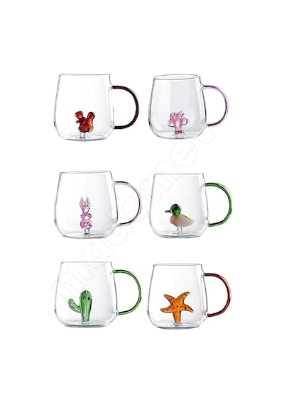 2'li Figürlü Cam Bardak 3d Sevimli Karikatürler Bardağı Kawaii Renkli Kulplu Sunum Fincanı 350 Ml.