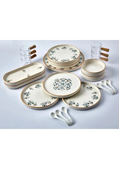 23 Parça 6 Kişilik Stackable Seramik Çiçek Desenli Sosluklu Kaşıklı Kahvaltı Takımı D-harma Beyaz
