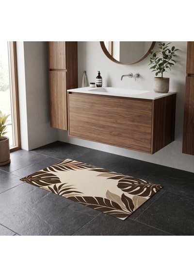 Kartela Halı Botanik Yaprak Desenli Banyo Paspası Bej Kaymaz Taban Makinede Yıkanabilir 60x90 Cm