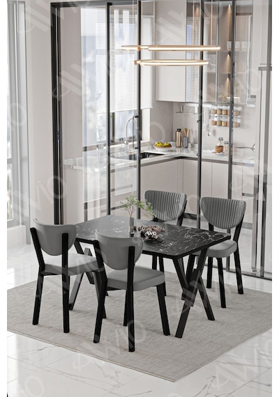 Avvio Pedra Elma Sandalye 80x120 Yemek Masası Mutfak Masası 4 Kişilik Masa Sandalye Takımı Siyah Mermer