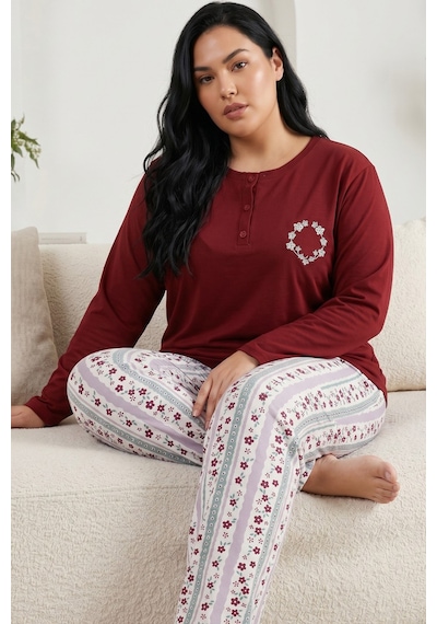 Siyah İnci Nakışlı Düğmeli Pamuklu Likralı Büyük Beden Battal Boy Örme Pijama Takım 26240948 Bordo