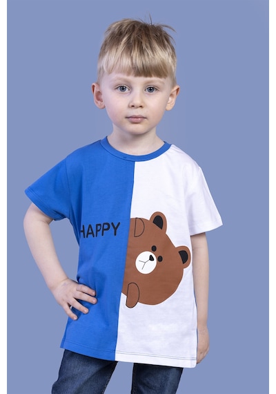Toontoy Kids Toontoy Erkek Çocuk İki Renkli Ayıcık Baskılı Tişört Saks