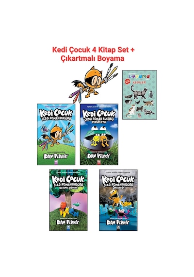 Kedi Çocuk Serisi 4 Kitap Set, Serinin Son Kitabı Kedi Çocuk 4 Dahil + Çıkartmalı Boyama