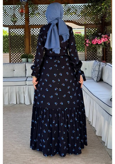 Rabia Şamlı Gül Mavi Çiçekli Elbise Normal