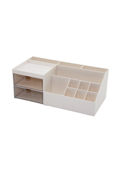 2 Çekmeceli + 12 Bölmeli Plastik Makyaj - Takı Organizer 12x24cm-- Y: 4-6-7-8-9cm Bej - Kahverengi