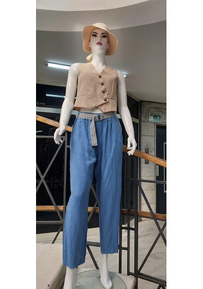 Eren Style İtalyan Kemerli Keten Pantolon-9260 İndigo Mavi İndigo