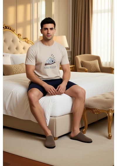 Frm Erkek Ve Indigo Koala Baskılı Pijama Takımı Fonksiyonel Dayanıklı Bej