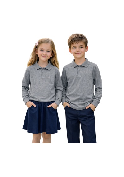 Erdem Kıds Unisex Kız Erkek Çocuk Polo Yaka Pamuklu Uzun Kol Gri Günlük Basic Okul Tişört Gri Gri