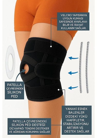 Ayarlanabilir Patella Destekli Ligamentli Menüsküs Çapraz Bağ Koruma Spor Koşu İçin Silikonlu Dizlik Siyah