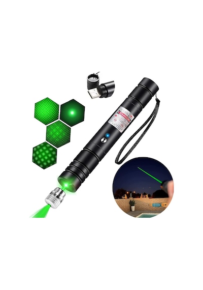 Profesyonel Yeşil Lazer Pointer - 10 Km Menzilli, Usb Şarjlı, 5 Modlu Astronomi Ve Kamp Lazeri Siyah