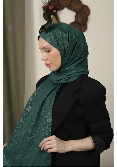Flora Tekstil Çiçekli Desen İnce Medine İpeği Jakar Şal Zümrüt Yeşili