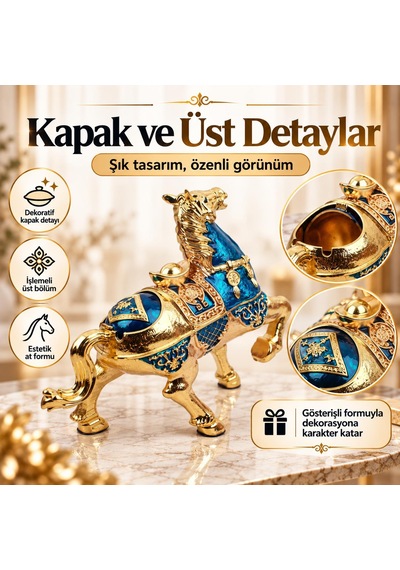 Lüks Alaşım Metal At Figürlü Kapaklı Dekoratif Küllük Ve Takı Saklama Kutusu Metal Biblo 25 X 20 Cm 78184033