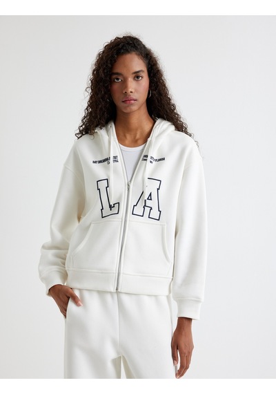 Koton Kapşonlu Oversize Sweatshirt Fermuarlı Baskılı Cepli Beyaz 5wak10010uk Beyaz