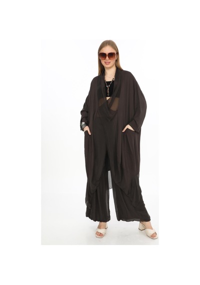Bohem Stil Italyan Ipek Detaylı Oversize Kap Bluz- Wes Pantolon Takım-8863 Koyu Kahve Kahverengi