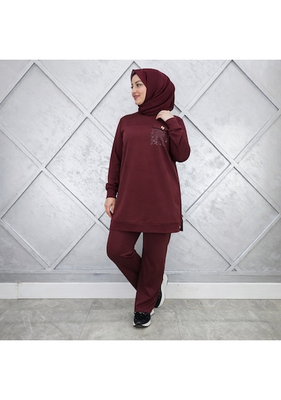 Esra Butik78 Bordo Taş Detaylı Tesettür Tunik Pantolon İkili Takım Günlük Spor Şık Kombin