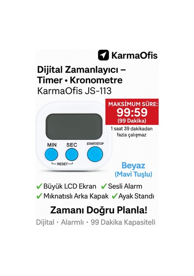 Dijital Kronometre Beyaz Mavi Tuşlu 99 Dakika Alarmlı Timer Büyük Lcd