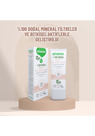 Siveno %100 Doğal Yüz Güneş Kremi Renkli Ton Eşitleyici Leke Karşıtı Uva Uvb Spf 50+ 30 ML