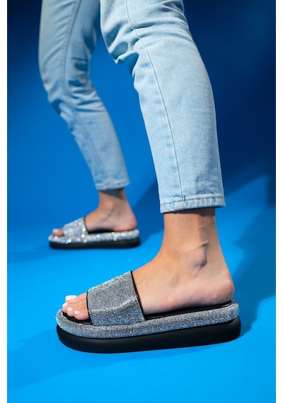 Luvishoes Oeste Siyah Taşlı Tek Bantlı Kalın Tabanlı Kadın Terlik Siyah