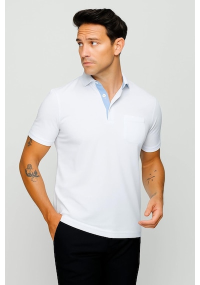 Erkek Polo Yaka Düğmeli Cepli T-shirt Beyaz Beyaz