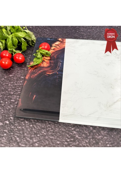 Kanallı Cam Kesme Tahtası - Flame Stone Desen - 25x35cm
