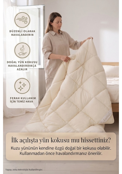 Tek Kişilik %100 Doğal Kuzu Yünü Yorgan Pamuk Kılıflı Kokusuz Terletmez Yıkanabilir 155x220 Cm Krem