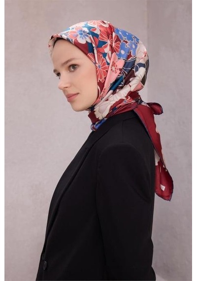 Belli Tivil Saf İpek Eşarp 4220 - 36 Koyu Bordo Çiçek Desen Bordo