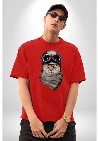 Kasket Bandana Motorcu Kedi Pamuklu Bisiklet Yaka Unisex Oversize Boyfriend Dijital Baskılı Kırmızı T-shirt Kırmızı