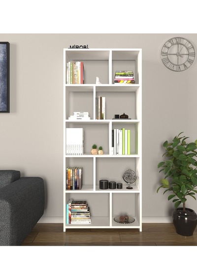 Cordoba 5 Raflı 10 Bölmeli Kitaplık Dekoratif Modern Kitaplık, Beyaz
