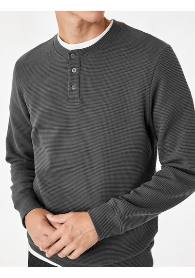 Koton Uzun Kollu Pamuklu Waffle Dokulu Henley Yaka Sweatshirt Antrasit 7wam70106mk