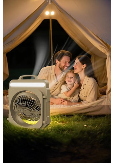 Şarjlı Masaüstü Vantilatör Kamp Tipi 4000 Mah Işıklı Taşınabilir Masa Fanı F53 Yeşil