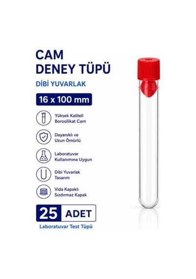 16x100 Mm Cam Deney Tüpü Dibi Yuvarlak Kapaklı 25 Adet Laboratuvar Test Tüpü
