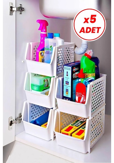 5 Adet Üst Üste Eklenebilir Banyo Mutfak Buzdolabı Raf Organizeri